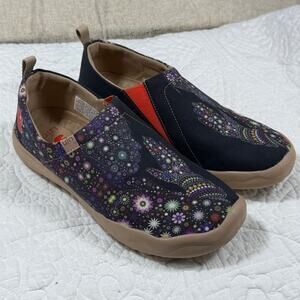 UIN Womens 7 Blossom Print Blue Artsy Boho Slip On Canvas Comfort Casual Shoes